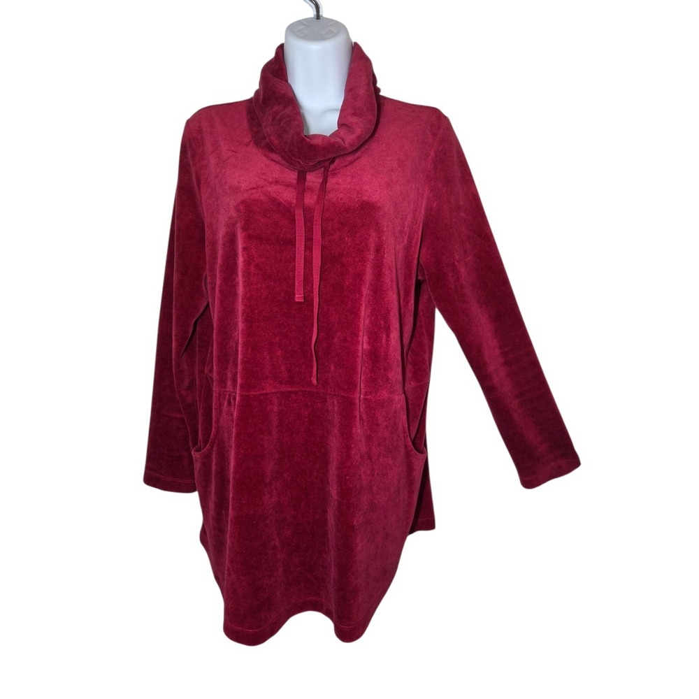 Pure Jill Red Velour‎ Funnel Neck Pullover Sweatshirt Pockets Cotton Blend MP